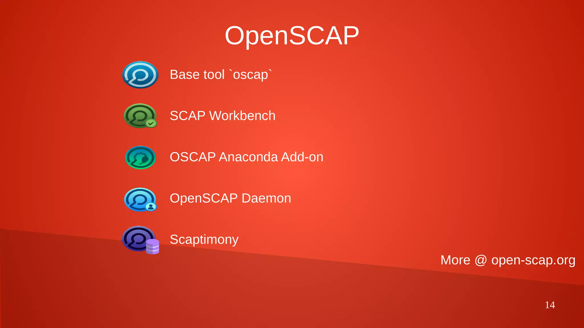 14
OpenSCAP
Base tool `oscap`
SCAP Workbench
OSCAP Anaconda Add-on
OpenSCAP Daemon
Scaptimony
More @ open-scap.org
 