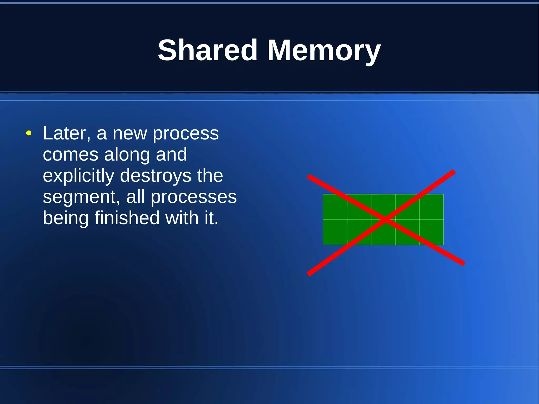 Shared Memory

●   Later, a new process
    comes along and
    explicitly destroys the
    segment, all processes
    being finished with it.
 
