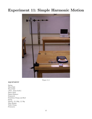 Experiment 11: Simple Harmonic Motion
Figure 11.1
EQUIPMENT
Spring
Metal Ball
Wood Ball
(Note: sharp hooks)
Meter Stick
Digital Balance
Stopwatch
Pendulum Clamp and Rod
String
Masses: (2) 100g, (1) 50g
Mass Hanger
Table Clamp
Protractor
57
 