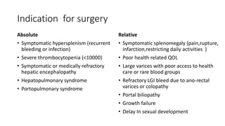 Indication for surgery
Absolute
• Symptomatic hypersplenism (recurrent
bleeding or infection)
• Severe thrombocytopenia (<10000)
• Symptomatic or medically refractory
hepatic encephalopathy
• Hepatopulmonary syndrome
• Portopulmonary syndrome
Relative
• Symptomatic splenomegaly (pain,rupture,
infarction,restricting daily activities )
• Poor health related QOL
• Large varices with poor access to health
care or rare blood groups
• Refractory LGI bleed due to ano-rectal
varices or colopathy
• Portal biliopathy
• Growth failure
• Delay In sexual development
 