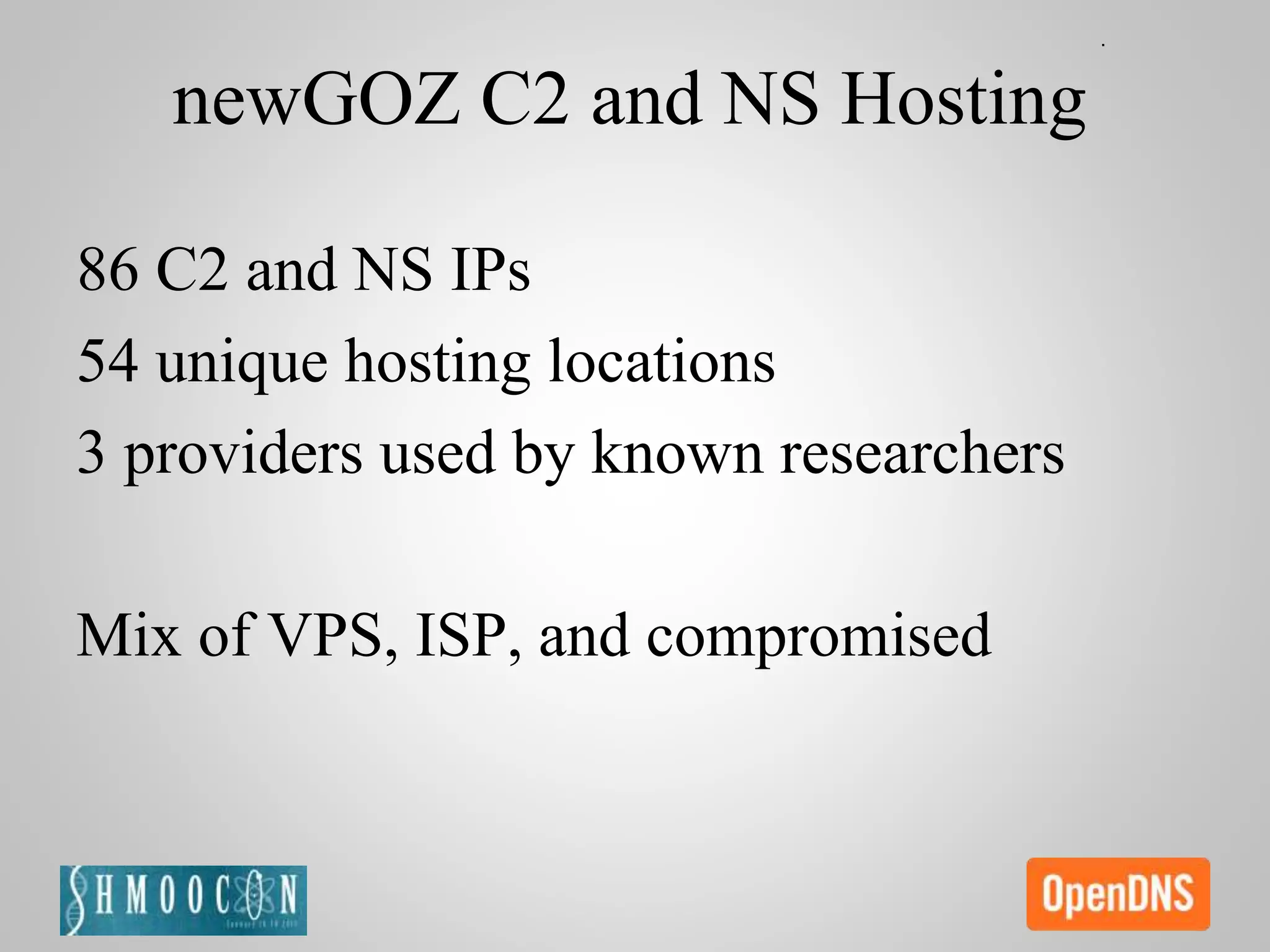 newGOZ C2 and NS Hosting
86 C2 and NS IPs
54 unique hosting locations
3 providers used by known researchers
Mix of VPS, ISP, and compromised
 