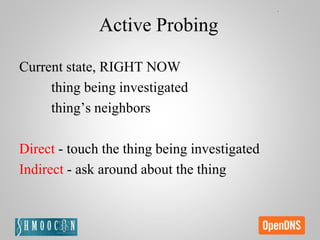 Active Probing
Current state, RIGHT NOW
thing being investigated
thing’s neighbors
Direct - touch the thing being investigated
Indirect - ask around about the thing
 