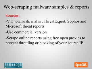 Web-scraping malware samples & reports
Sources:
-VT, totalhash, malwr, ThreatExpert, Sophos and
Microsoft threat reports
-Use commercial version
-Scrape online reports using free open proxies to
prevent throttling or blocking of your source IP
 