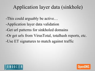 Application layer data (sinkhole)
-This could arguably be active…
-Application layer data validation
-Get url patterns for sinkholed domains
-Or get urls from VirusTotal, totalhash reports, etc.
-Use ET signatures to match against traffic
 