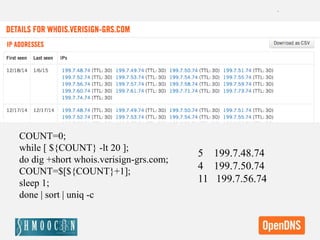 COUNT=0;
while [ ${COUNT} -lt 20 ];
do dig +short whois.verisign-grs.com;
COUNT=$[${COUNT}+1];
sleep 1;
done | sort | uniq -c
5 199.7.48.74
4 199.7.50.74
11 199.7.56.74
 
