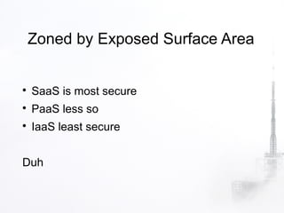 Zoned by Exposed Surface Area



    SaaS is most secure

    PaaS less so

    IaaS least secure


Duh
 