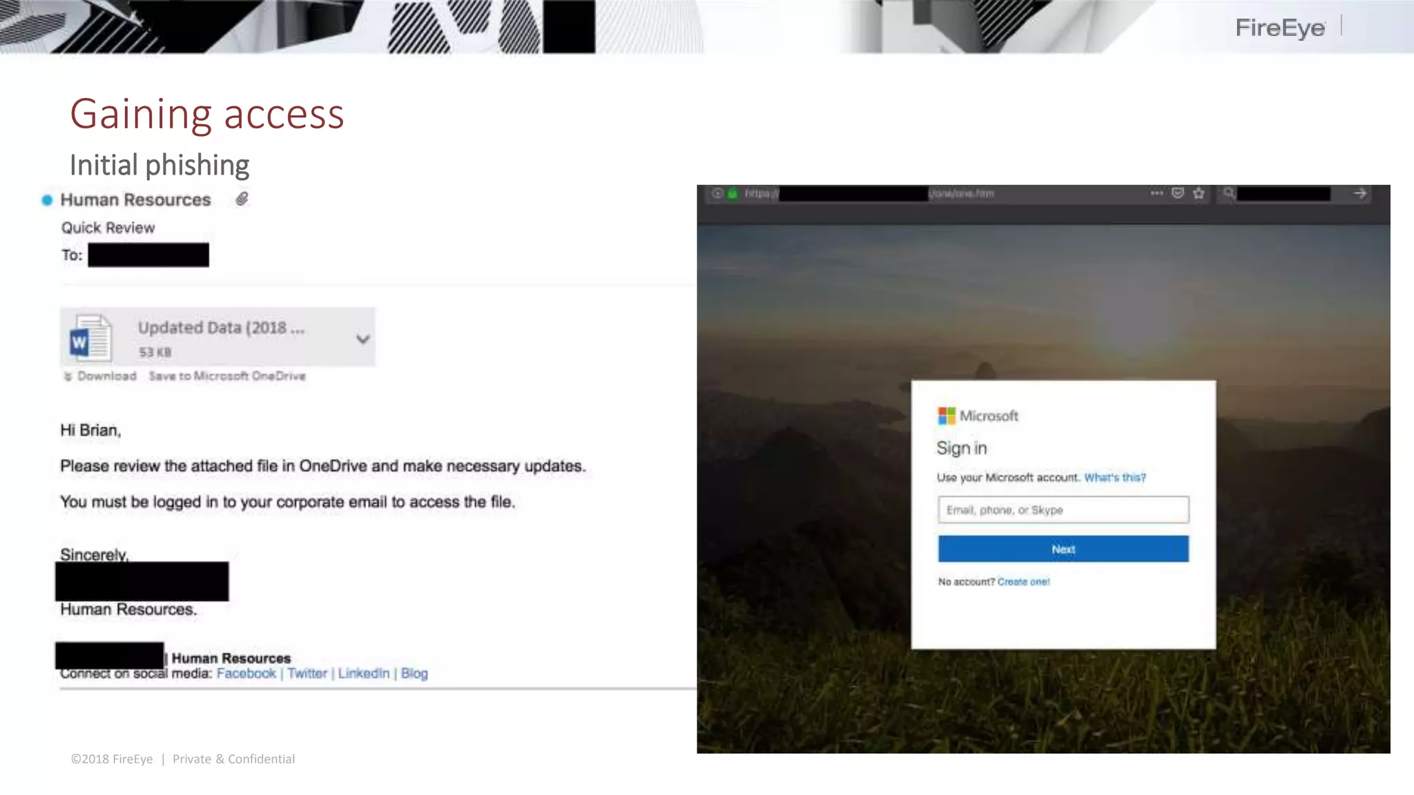 ©2018 FireEye | Private & Confidential
Gaining access
Initial phishing
 