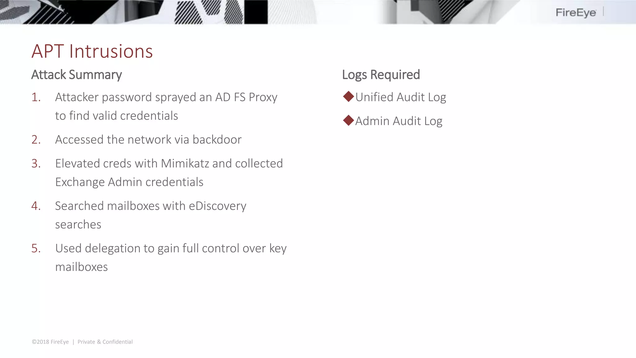 ©2018 FireEye | Private & Confidential
APT Intrusions
1. Attacker password sprayed an AD FS Proxy
to find valid credentials
2. Accessed the network via backdoor
3. Elevated creds with Mimikatz and collected
Exchange Admin credentials
4. Searched mailboxes with eDiscovery
searches
5. Used delegation to gain full control over key
mailboxes
◆Unified Audit Log
◆Admin Audit Log
Attack Summary Logs Required
 