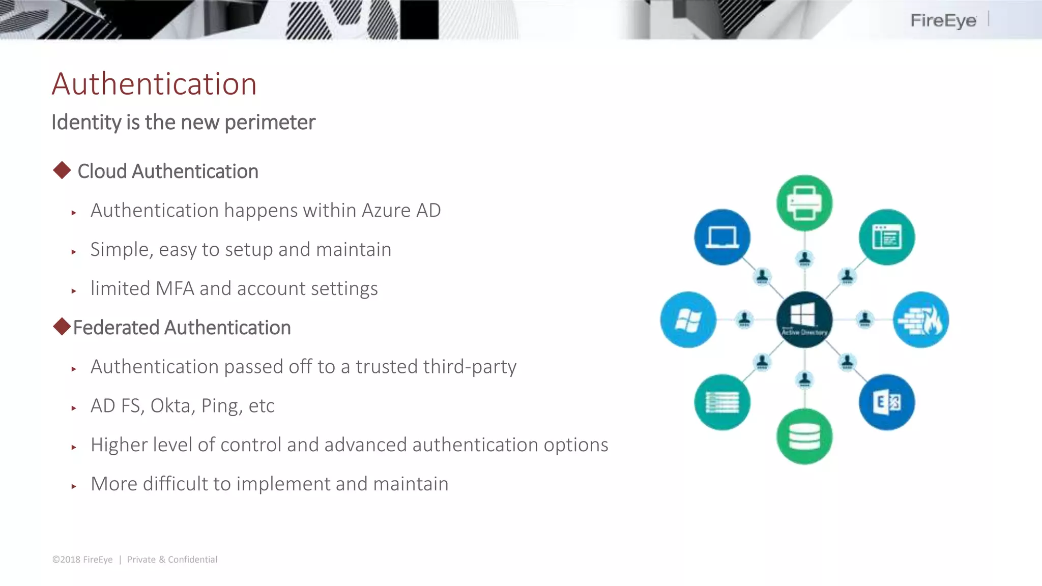 ©2018 FireEye | Private & Confidential
Authentication
Identity is the new perimeter
◆ Cloud Authentication
▶ Authentication happens within Azure AD
▶ Simple, easy to setup and maintain
▶ limited MFA and account settings
◆Federated Authentication
▶ Authentication passed off to a trusted third-party
▶ AD FS, Okta, Ping, etc
▶ Higher level of control and advanced authentication options
▶ More difficult to implement and maintain
 