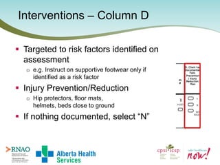 Interventions – Column D
 Targeted to risk factors identified on
assessment
o e.g. Instruct on supportive footwear only i...
