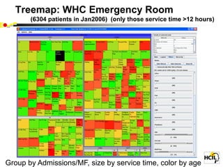 Treemap: WHC Emergency Room
       (6304 patients in Jan2006) (only those service time >12 hours)




Group by Admissions/MF, size by service time, color by age
 