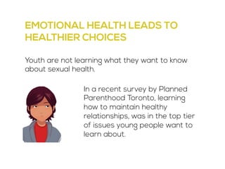 EMOTIONAL HEALTH LEADS TO 
HEALTHIER CHOICES 
Youth are not learning what they want to know 
about sexual health. 
In a recent survey by Planned 
Parenthood Toronto, learning 
how to maintain healthy 
relationships, was in the top tier 
of issues young people want to 
learn about. 
 