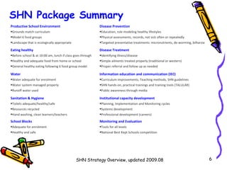 SHN Package Summary SHN Strategy 0verview, updated 2009.08 Productive School Environment Grounds match curriculum Model 6 food groups Landscape that is ecologically appropriate Disease Prevention Education, role modeling healthy lifestyles Physical assessments, records, not sick often or repeatedly Targeted preventative treatments: micronutrients, de-worming, bilharzia Eating healthy Before school & at 10:00 am, lunch if class goes through Healthy and adequate food from home or school General healthy eating following 6 food group model Disease Treatment Identifying illness/disease Simple ailments treated properly (traditional or western) Proper referral and follow up as needed Water Water adequate for enrolment Water system managed properly Runoff water used Information education and communication (IEC) Curriculum improvements, Teaching methods, SHN guidelines SHN hands-on, practical trainings and training tools (TALULAR) Public awareness through media Sanitation & Hygiene Toilets adequate/healthy/safe Resources recycled Hand washing, clean learners/teachers Institutional capacity development Planning, Implementation and Monitoring cycles Systems development Professional development (careers) School Blocks Adequate for enrolment Healthy and safe Monitoring and Evaluation Tools for all levels National Best Kept Schools competition 