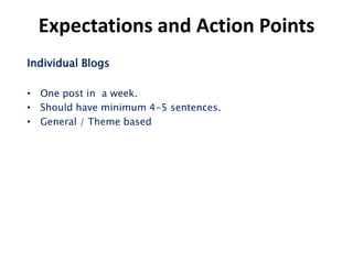 Expectations and Action Points
Individual Blogs

• One post in a week.
• Should have minimum 4-5 sentences.
• General / Theme based
 