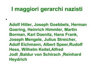 I maggiori gerarchi nazisti
•
    Adolf Hitler, Joseph Goebbels, Herman
    Goering, Heinrich Himmler, Martin
    Borman, Karl Doenitz, Hans Frank,
    Joseph Mengele, Julius Streicher,
    Adolf Eichmann, Albert Speer,Rudolf
    Hess, Wilhelm Keitel,Alfred
    Jodl ,Baldur von Schirach ,Reinhard
    Heydrich
 