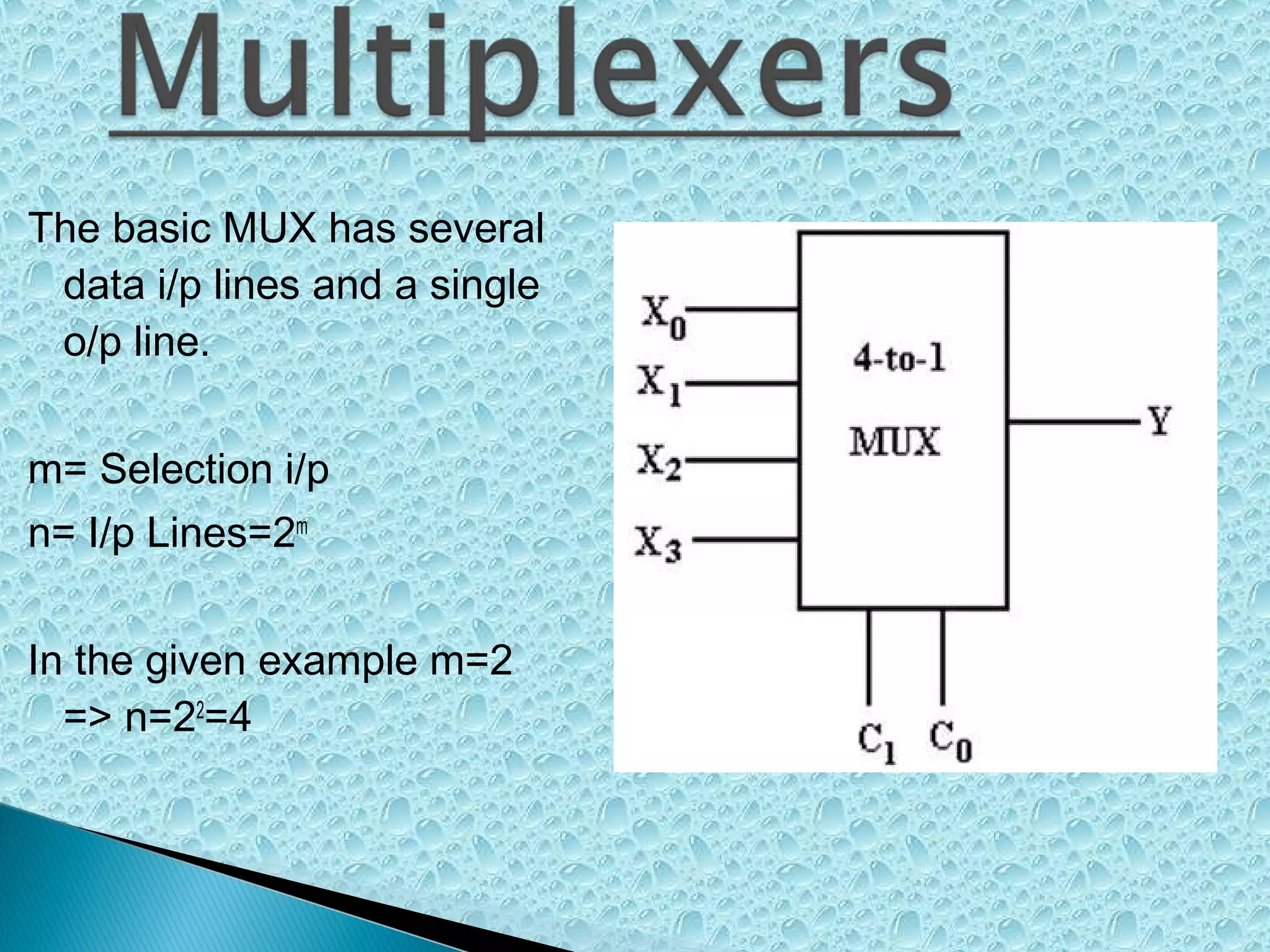 The basic MUX has several
data i/p lines and a single
o/p line.
m= Selection i/p
n= I/p Lines=2m
In the given example m=2
=> n=22=4

 