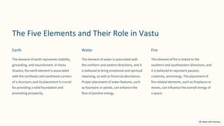 preencoded.png
The Five Elements and Their Role in Vastu
Earth
The element of earth represents stability,
grounding, and nourishment. In Vastu
Shastra, the earth element is associated
with the northeast and southwest corners
of a structure, and its placement is crucial
for providing a solid foundation and
promoting prosperity.
Water
The element of water is associated with
the northern and eastern directions, and it
is believed to bring emotional and spiritual
cleansing, as well as financial abundance.
Proper placement of water features, such
as fountains or ponds, can enhance the
flow of positive energy.
Fire
The element of fire is linked to the
southern and southeastern directions, and
it is believed to represent passion,
creativity, and energy. The placement of
fire-related elements, such as fireplaces or
stoves, can influence the overall energy of
a space.
 