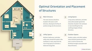 preencoded.png
Optimal Orientation and Placement
of Structures
1 Main Entrance
The main entrance should be
located in the east or north
direction, allowing for the flow of
positive energy into the structure.
2 Living Spaces
Living rooms, bedrooms, and other
areas where people spend time
should be situated in the northeast
or east, benefiting from the
soothing energies of these
directions.
3 Utility Spaces
Kitchens, bathrooms, and other
utility areas should be located in the
southwest or west, away from the
main living spaces to maintain a
balanced energy flow.
4 Outdoor Spaces
Gardens, patios, and other outdoor
areas should be positioned in the
east or north to harness the
beneficial energies associated with
these directions.
 
