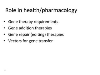 Role in health/pharmacology
• Gene therapy requirements
• Gene addition therapies
• Gene repair (editing) therapies
• Vectors for gene transfer
11
 