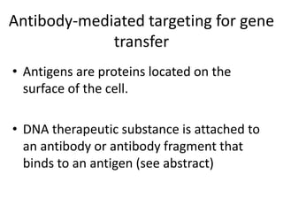 Antibody-mediated targeting for gene
transfer
• Antigens are proteins located on the
surface of the cell.
• DNA therapeutic substance is attached to
an antibody or antibody fragment that
binds to an antigen (see abstract)
 