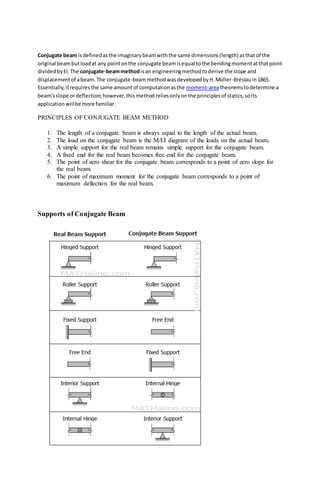 Conjugate beam isdefinedasthe imaginarybeamwiththe same dimensions(length) asthatof the
original beambutloadat any pointonthe conjugate beamisequal tothe bendingmomentatthatpoint
dividedbyEI.The conjugate-beammethodisan engineeringmethodtoderive the slope and
displacementof abeam.The conjugate-beammethodwasdevelopedbyH.Müller-Breslauin1865.
Essentially,itrequiresthe same amountof computationasthe moment-areatheoremstodetermine a
beam'sslope ordeflection;however,thismethodreliesonlyonthe principlesof statics,soits
applicationwillbe more familiar.
PRINCIPLES OF CONJUGATE BEAM METHOD
1. The length of a conjugate beam is always equal to the length of the actual beam.
2. The load on the conjugate beam is the M/EI diagram of the loads on the actual beam.
3. A simple support for the real beam remains simple support for the conjugate beam.
4. A fixed end for the real beam becomes free end for the conjugate beam.
5. The point of zero shear for the conjugate beam corresponds to a point of zero slope for
the real beam.
6. The point of maximum moment for the conjugate beam corresponds to a point of
maximum deflection for the real beam.
Supports of Conjugate Beam
 