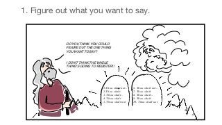 1. Figure out what you want to say.
DO YOU THINK YOU COULD
FIGURE OUT THE ONE THING
YOU WANT TO SAY?
I DON’T THINK THE WHOLE
THING’S GOING TO REGISTER!!
1.Thou shalt not..
2.Thou shalt
3. Thou shalt..
4. Thou shalt
5. Thou shalt not
6. Thou shalt not..
7. Thou shalt
8. Thou shalt..
9. Thou shalt
10. Thou shalt not
 