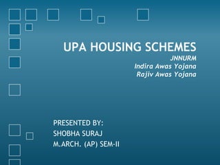 UPA HOUSING SCHEMES
JNNURM
Indira Awas Yojana
Rajiv Awas Yojana
PRESENTED BY:
SHOBHA SURAJ
M.ARCH. (AP) SEM-II
 