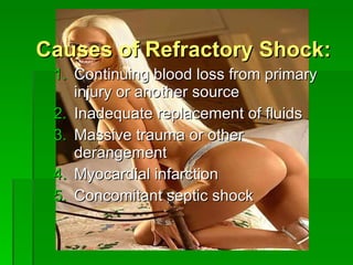 Causes of Refractory Shock: Continuing blood loss from primary injury or another source Inadequate replacement of fluids Massive trauma or other derangement Myocardial infarction Concomitant septic shock 
