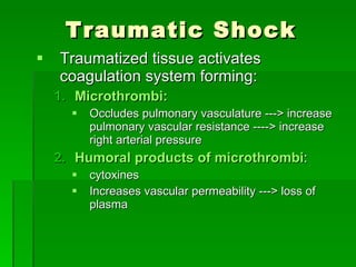 Traumatic Shock Traumatized tissue activates coagulation system forming: Microthrombi: Occludes pulmonary vasculature ---> increase pulmonary vascular resistance ----> increase right arterial pressure Humoral products of microthrombi : cytoxines Increases vascular permeability ---> loss of plasma 