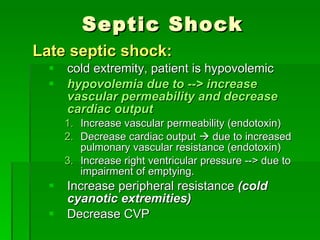 Septic Shock Late septic shock: cold extremity, patient is hypovolemic hypovolemia due to --> increase vascular permeability and decrease cardiac output Increase vascular permeability (endotoxin) Decrease cardiac output    due to increased pulmonary vascular resistance (endotoxin) Increase right ventricular pressure --> due to impairment of emptying. Increase peripheral resistance  (cold cyanotic extremities) Decrease CVP 
