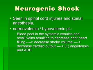 Neurogenic Shock Seen in spinal cord injuries and spinal anesthesia. normovolemic / hypovolemic pt.: Blood pool in the systemic venules and small veins resulting to decrease right heart filling ----> decrease stroke volume ----> decrease cardiac output ----> (+) angiotensin and ADH 