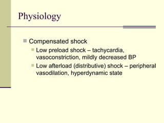 Physiology Compensated shock Low preload shock – tachycardia, vasoconstriction, mildly decreased BP Low afterload (distributive) shock – peripheral vasodilation, hyperdynamic state 