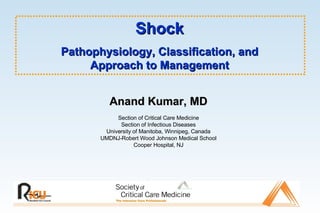 Anand Kumar, MD Section of Critical Care Medicine Section of Infectious Diseases University of Manitoba, Winnipeg, Canada UMDNJ-Robert Wood Johnson Medical School Cooper Hospital, NJ Shock Pathophysiology, Classification, and Approach to Management 