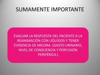 SUMAMENTE IMPORTANTE

EVALUAR LA RESPUESTA DEL PACIENTE A LA
REANIMACIÓN CON LÍQUIDOS Y TENER
EVIDENCIA DE MEJORA. (GASTO URINARIO,
NIVEL DE CONSCIENCIA Y PERFUSIÓN
PERIFÉRICA.)

 