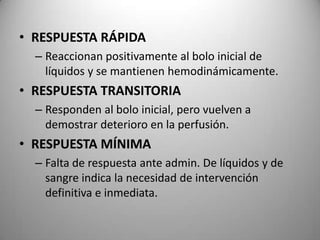 • RESPUESTA RÁPIDA
– Reaccionan positivamente al bolo inicial de
líquidos y se mantienen hemodinámicamente.

• RESPUESTA TRANSITORIA
– Responden al bolo inicial, pero vuelven a
demostrar deterioro en la perfusión.

• RESPUESTA MÍNIMA
– Falta de respuesta ante admin. De líquidos y de
sangre indica la necesidad de intervención
definitiva e inmediata.

 