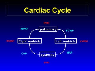 Cardiac Cycle
PVRI

MPAP

RVSWI

pulmonary

Right ventricle

CVP

PCWP

Left ventricle

systemic
SVRI

MAP

LVSWI

 
