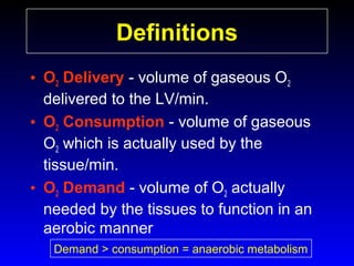 Definitions
• O2 Delivery - volume of gaseous O2
delivered to the LV/min.
• O2 Consumption - volume of gaseous
O2 which is actually used by the
tissue/min.
• O2 Demand - volume of O2 actually
needed by the tissues to function in an
aerobic manner
Demand > consumption = anaerobic metabolism

 