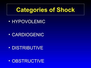 Categories of Shock
• HYPOVOLEMIC
• CARDIOGENIC
• DISTRIBUTIVE
• OBSTRUCTIVE

 