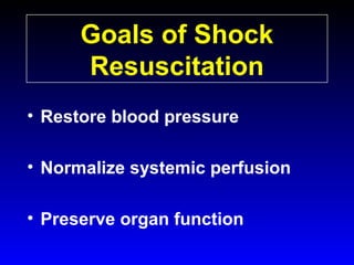 Goals of Shock
Resuscitation
• Restore blood pressure
• Normalize systemic perfusion
• Preserve organ function

 