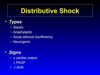 Distributive Shock
• Types
–
–
–
–

Sepsis
Anaphylactic
Acute adrenal insufficiency
Neurogenic

• Signs
– ± cardiac output
± PAOP
 SVR

 