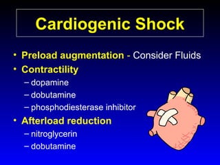 Cardiogenic Shock
• Preload augmentation - Consider Fluids
• Contractility
– dopamine
– dobutamine
– phosphodiesterase inhibitor

• Afterload reduction
– nitroglycerin
– dobutamine

 