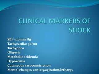 SBP<110mm Hg
Tachycardia>90/mt
Tachypnea
Oliguria
Metabolic acidemia
Hypoxemia
Cutaneous vasoconstriction
Mental changes-anxiety,agitation,lethargy
 