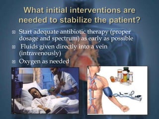  Start adequate antibiotic therapy (proper 
dosage and spectrum) as early as possible 
 Fluids given directly into a vein 
(intravenously) 
 Oxygen as needed 
