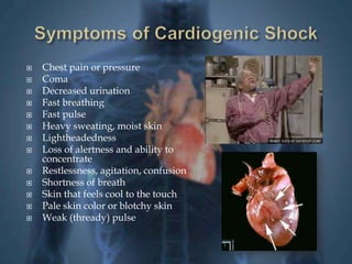  Chest pain or pressure 
 Coma 
 Decreased urination 
 Fast breathing 
 Fast pulse 
 Heavy sweating, moist skin 
 Lightheadedness 
 Loss of alertness and ability to 
concentrate 
 Restlessness, agitation, confusion 
 Shortness of breath 
 Skin that feels cool to the touch 
 Pale skin color or blotchy skin 
 Weak (thready) pulse 
 