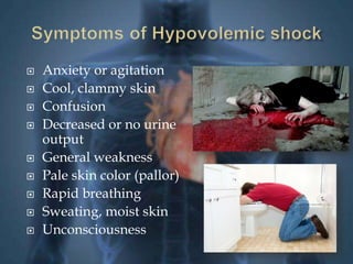  Anxiety or agitation 
 Cool, clammy skin 
 Confusion 
 Decreased or no urine 
output 
 General weakness 
 Pale skin color (pallor) 
 Rapid breathing 
 Sweating, moist skin 
 Unconsciousness 
 