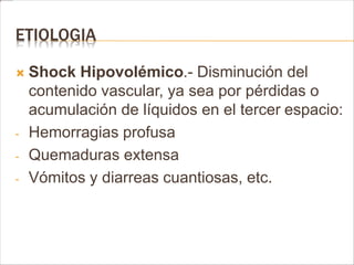 ETIOLOGIA 
 Shock Hipovolémico.- Disminución del 
contenido vascular, ya sea por pérdidas o 
acumulación de líquidos en el tercer espacio: 
- Hemorragias profusa 
- Quemaduras extensa 
- Vómitos y diarreas cuantiosas, etc. 
 