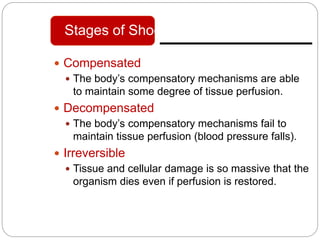  Compensated
 The body’s compensatory mechanisms are able
to maintain some degree of tissue perfusion.
 Decompensated
 The body’s compensatory mechanisms fail to
maintain tissue perfusion (blood pressure falls).
 Irreversible
 Tissue and cellular damage is so massive that the
organism dies even if perfusion is restored.
Stages of Shock
 
