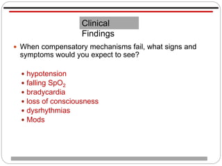  When compensatory mechanisms fail, what signs and
symptoms would you expect to see?
 hypotension
 falling SpO2
 bradycardia
 loss of consciousness
 dysrhythmias
 Mods
Clinical
Findings
 