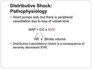 Distributive Shock:
Pathophysiology
 Heart pumps well, but there is peripheral
vasodilation due to loss of vessel tone
MAP = CO x SVR
HR x Stroke volume
 Distributive (vasodilatory) shock is a consequence of
severely decreased SVR.
 