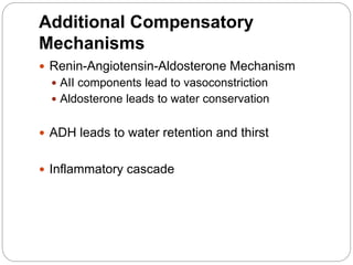 Additional Compensatory
Mechanisms
 Renin-Angiotensin-Aldosterone Mechanism
 AII components lead to vasoconstriction
 Aldosterone leads to water conservation
 ADH leads to water retention and thirst
 Inflammatory cascade
 